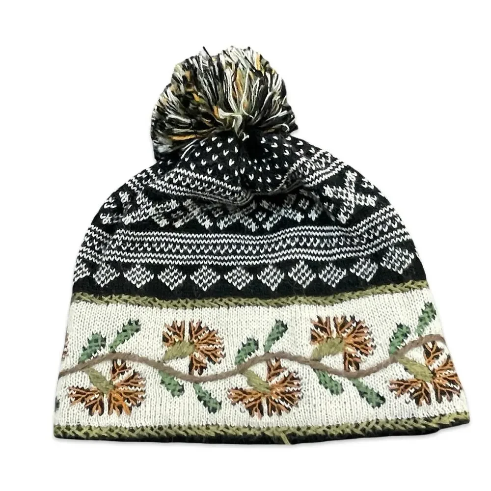 Peruvian Link Alpaca Knit Pom Pom Beanie Hat Black Cream Floral Fair Isle Boho